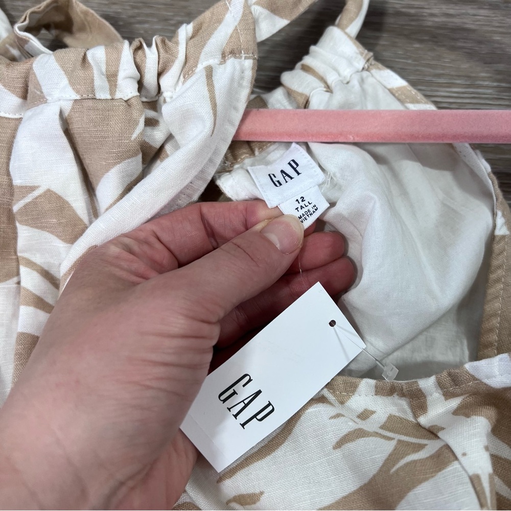GAP linen tropical mini dress 12 TALL beige & white - Picture 6 of 7